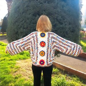 Colorful Rainbow Crochet Cardigan with Floral Design